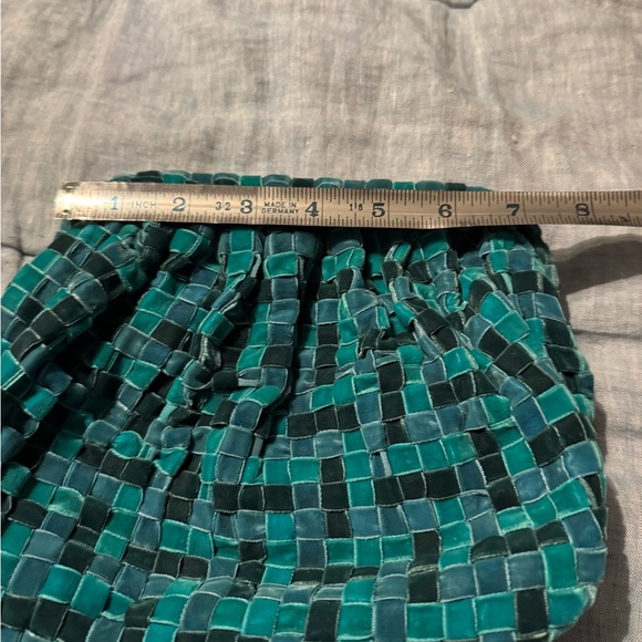 Anthropologie Velvet Woven Clutch Turquoise/Green  with Gold Chain - Picture 8 of 9